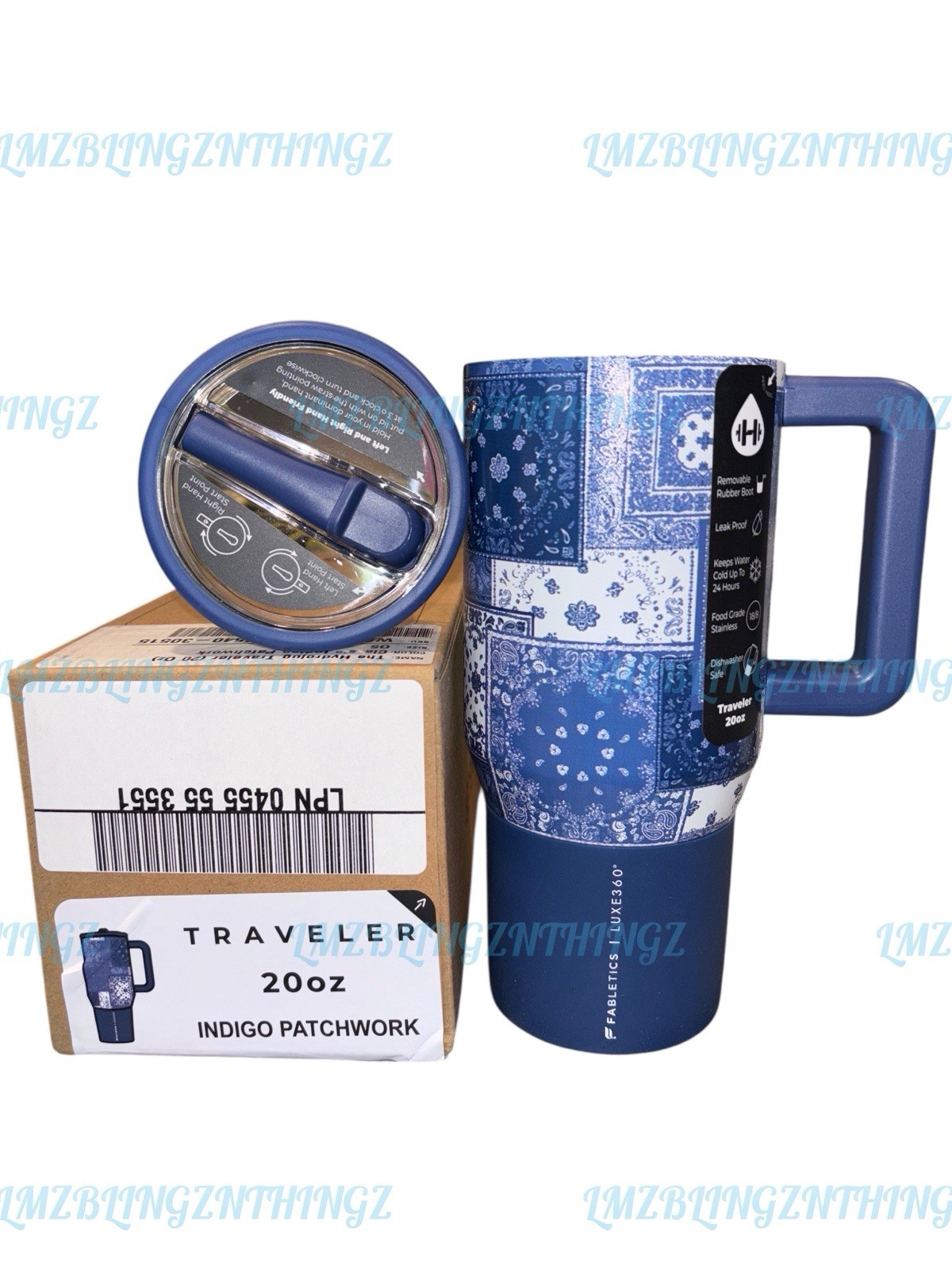 HydroJug x Fabletics LUXE360 Indigo Patchwork 20oz Traveler~BNWT&Box