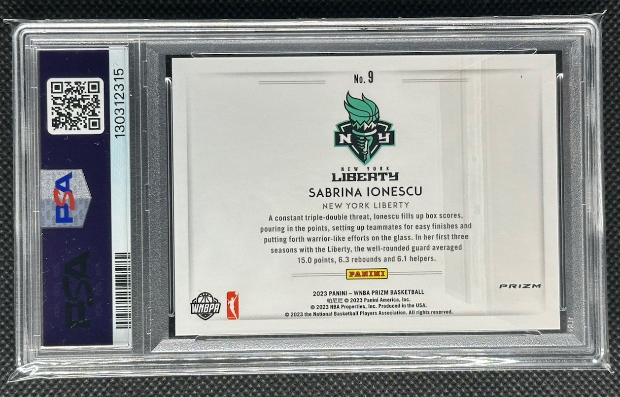 2023 Panini Prizm WNBA Sabrina Ionescu Color Blast #9 PSA 9 view 2