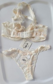 LA PERLA 32D Italia 2 S ivory SHEER & LACE bra & thing GREENHOUSE set NWT 
