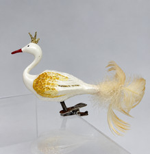Vintage Glass Swan Christmas Ornament Clip On Feather Tail Gold Glitter Crown