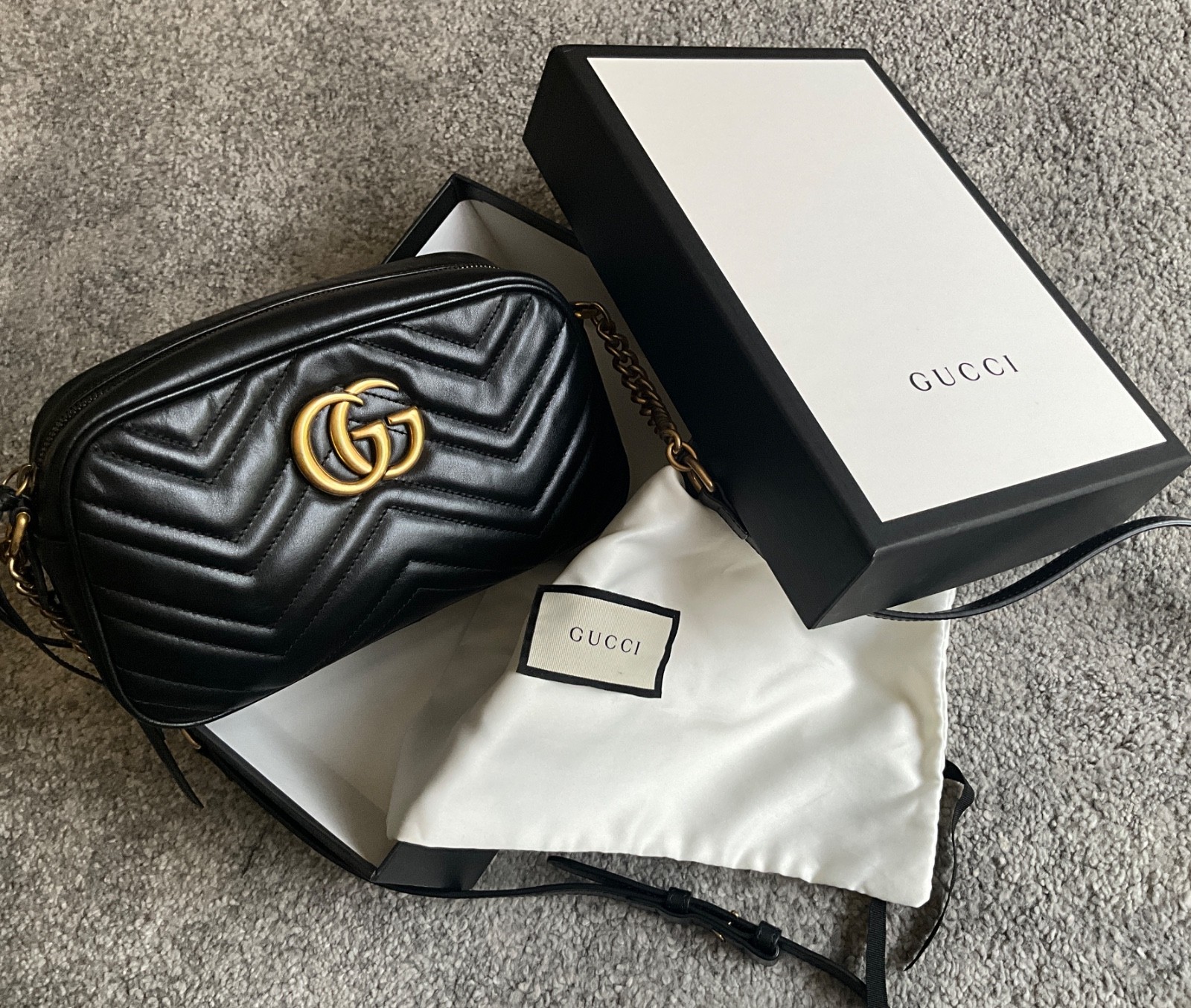 GUCCI GG Marmont Camera black leather shoulder bag adjustable strap