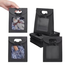 24 Pcs Black Kraft Paper Bags with Clear Window, Stand Up Gift Bag with Handl...