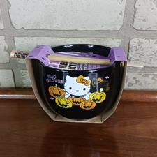 Hello Kitty Black 20 oz Bowl with Bamboo Chop Sticks Halloween Jack O'Latern