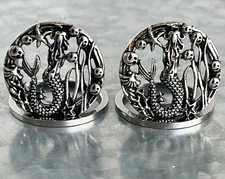 PAIR Silver Plated Siren Tunnels Mermaid Surgical Steel Plugs Earlets Gauges