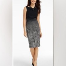 Talbots Black Gray Ombré Houndstooth Wool Blend Sleeveless Sheath Dress Size 14
