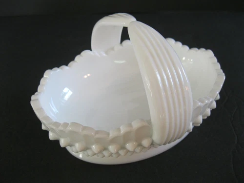 Vintage Fenton Hobnail Milk Glass Scalloped Edge Basket Candy Dish Vanity Tray