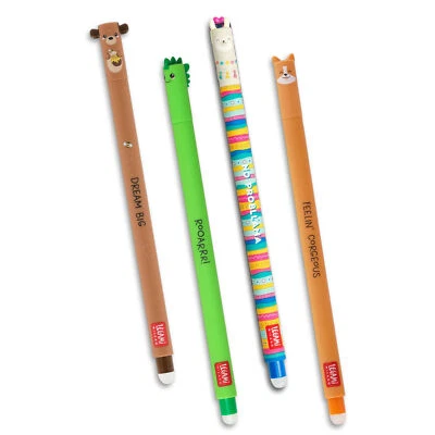 LEGAMI 4er Set Gel Schreiber Stifte Set löschbar radierbar DINO TEDDY HUND LAMA