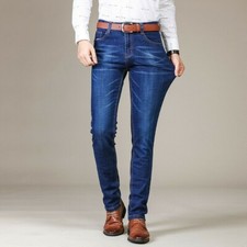 Men Straight Jeans Trousers Stretch Slim-Fit Casual Denim Pants Business Classic
