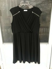  Calvin Klein BLACK Dress Shoulder Zip V-NECK  Front Ruching SIZE 14