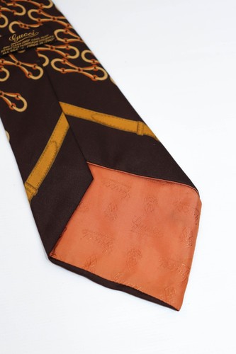 Gucci Vintage Seidenkrawatte braun Horsebit Monogramm Muster bedruckt Grafik - Bild 7 von 9