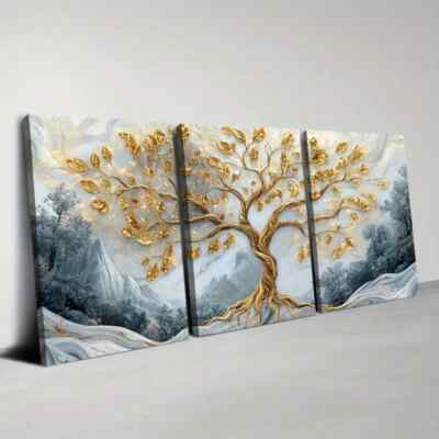 3pcs Elegant Golden Tree with Mountains Abstract Wall Art Canvas Unframed/Framed
