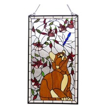 Tiffany Style Stained Glass Window Panels Cat  Dragonfly MATCHING PAIR 18x31