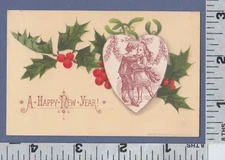 B908 L. Prang New Year’s card holly heart girl reluctant kiss recipient from boy