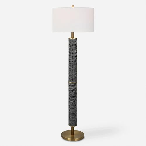 Elegant Modern Gray Black Antique Brass Floor Lamp 63 in Organic Stripes Carved - Picture 1 of 9