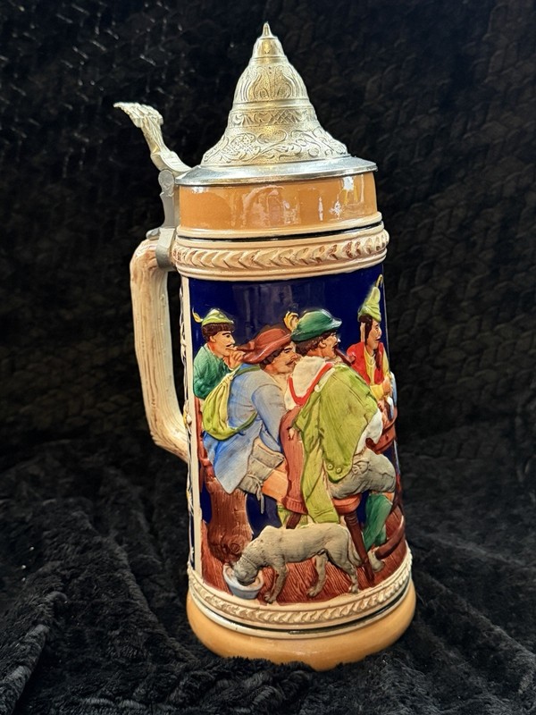 Vintage German Beer Stein Marzi Remy Made In Germany Tavern Scene Cobalt Blue