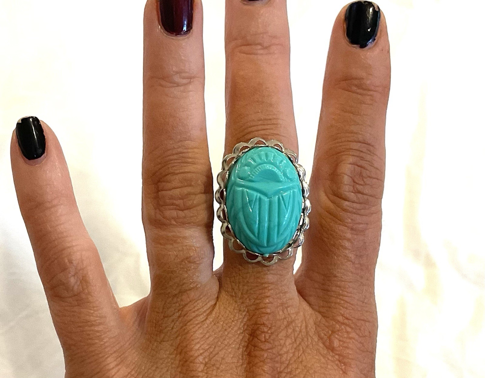 Turquoise Silver Adjustable Scarab Ring Statement… - image 3