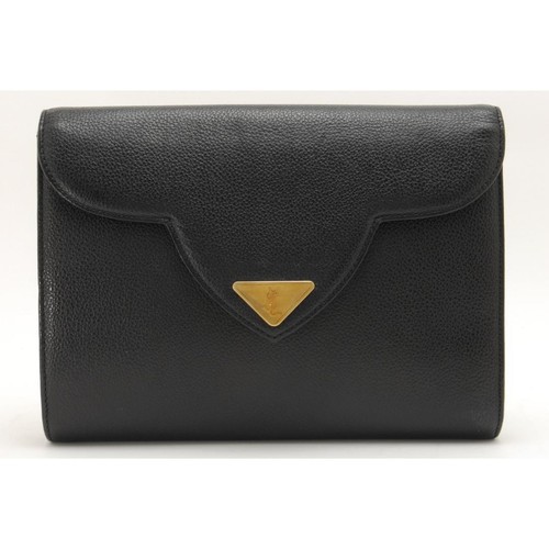 Saint Laurent Vintage Black Leather Clutch Bag Triangle Logo Authentic
