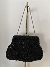 Vintage La Regale Black Beaded Sequin Evening Bag Kiss Lock Hong Kong