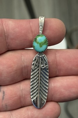STERLING SILVER SONORAN GOLD TURQUOISE SINGLE STONE FEATHER PENDANT .925