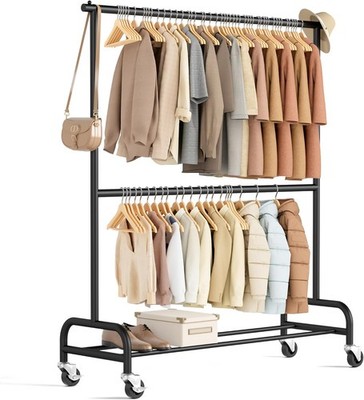 Heavy Duty Clothes Rack for Hanging Clothes Double Rod Rolling Clothing Rack Hea