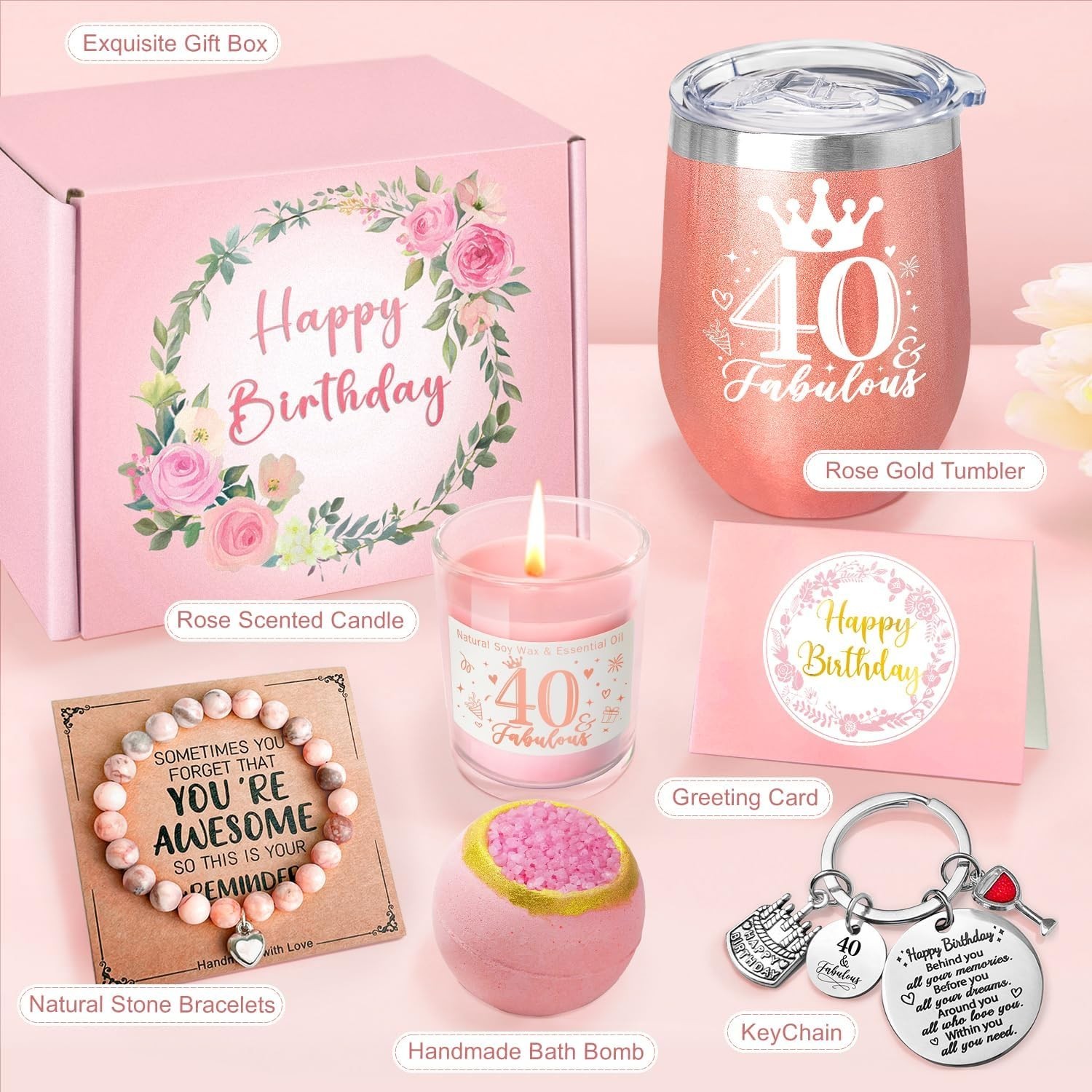 40th Birthday Gifts for Women, Happy 40th Birthday Basket Gifts Box for Best Fr 4