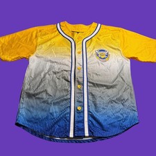 Fubu Youth Medium Blue 05 Button Y2K Baggy Hip Hop Jersey Stripe Distressed