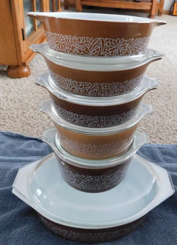 26-415 6 Vintage Pyrex Woodland Brown & Tan Casserole Dishes with Lids 471 472 B