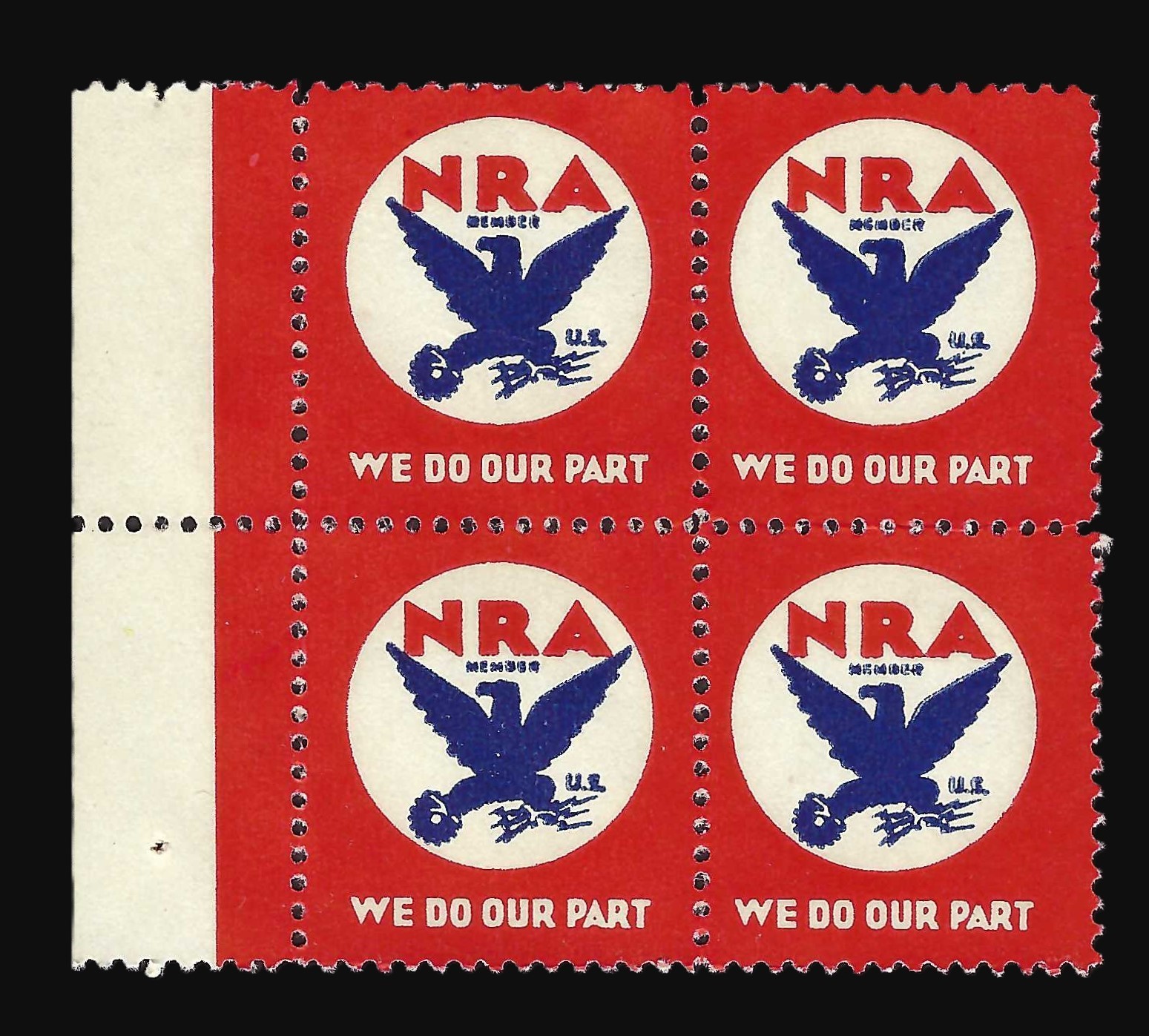 NRA Member Poster Stamp - " We Do Our Part " - With Tabs - Block of Four (4)