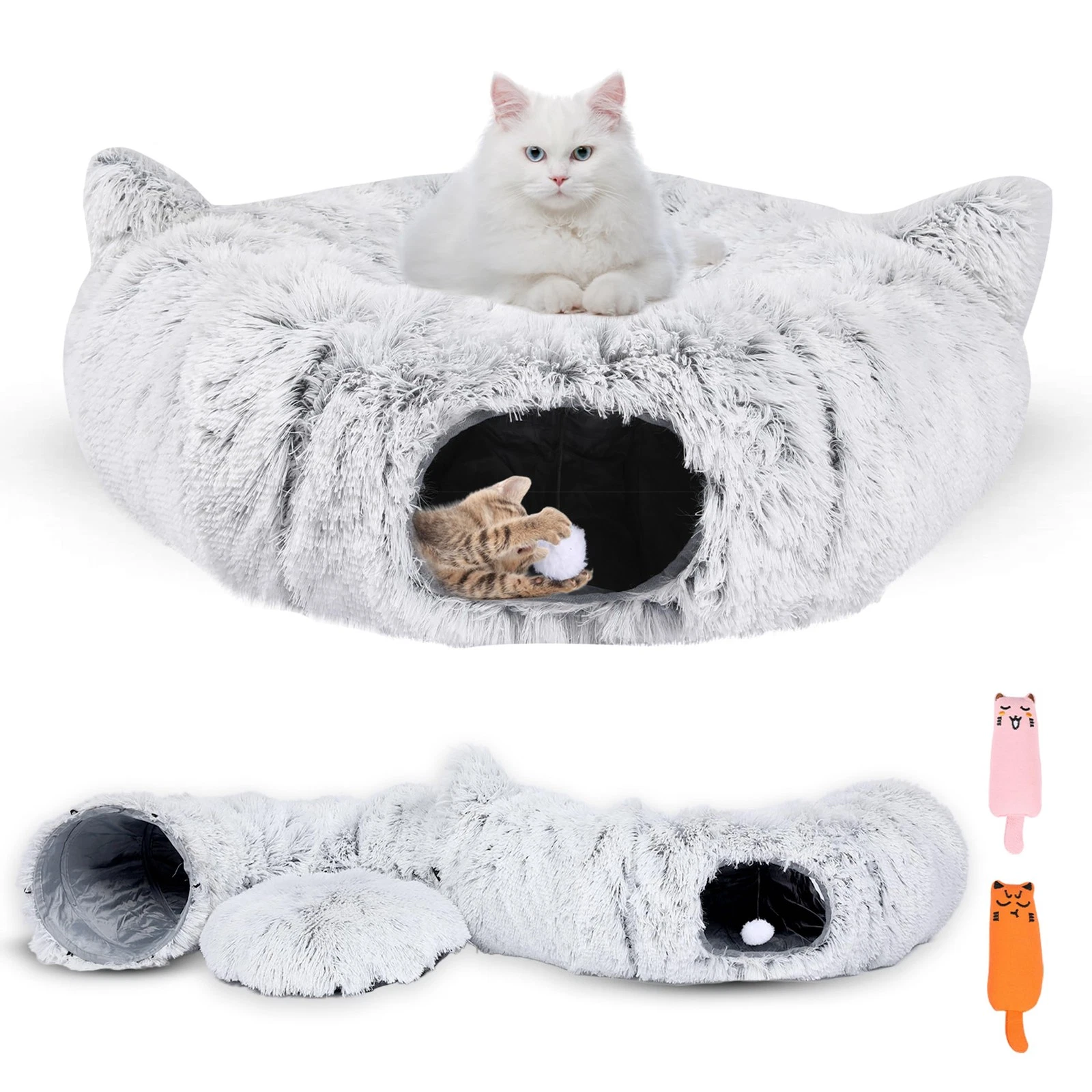 PurrPuff Cat Tunnel Bed Cave with Catnip Toys - Peekaboo Cat Hideaway Cat Do...