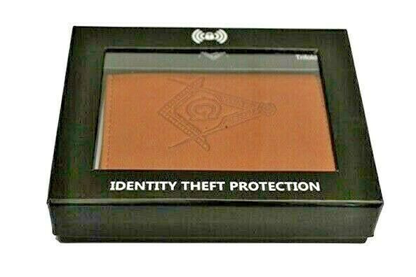 Masonic Tan Leather Tri-Fold RIFF Wallet - Mason Embossed Square and ...