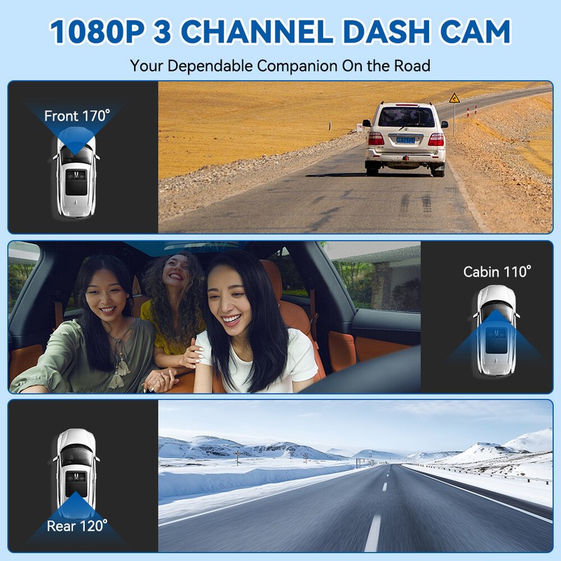 Dash Cam 1080P WiFi Car Camera 3CH Lens Night Vision G-Sensor DVR Recorder+32GB