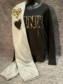Victoria's Secret Pink Leopard Pullover + Pants Set Black Gray Applique M NWT
