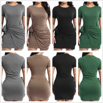 Women's Short Sleeve Crew Neck T Shirt Dress Tie Waist Ruched Bodycon Mini  Dress