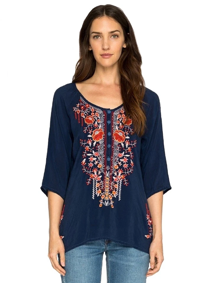 Johnny Was Blouse Olivia C16318 - Bleu Nuit Blanc - Taille XS-XXL - Photo 1/1