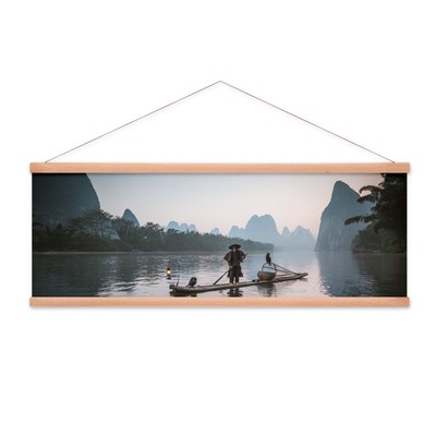 Stoffbild Kakemono mit Posterleisten Natur Asien Fluss Boot Fischer Morgen