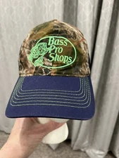 Bass Pro Shop Gone Fishing Navy Blue Mesh Camouflage Front Trucker Hat Adj. EUC