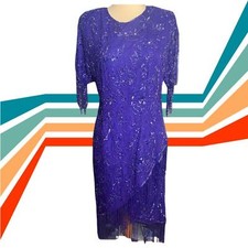 Blue Beaded Cocktail Dress Fringe Vintage 80s/90s Glamour - Laurence Kazar