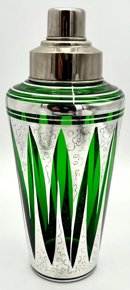 Mid-century Italian Green Glass Cocktail Shaker with Fine Silver Overlay C. 1950 - Image 4 of 4