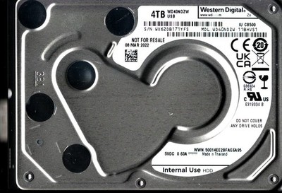 WD40NDZW-11BHVS1 S/N: WX62D WESTERN DIGITAL 4TB THAILAND MAR 2022
