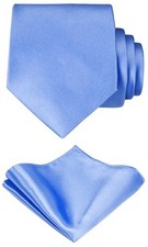 TIE G Solid Satin Woven dyed Color Formal Black Necktie and Pocket Sky Blue