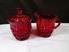 Mosser Eye Winker Ruby Red Glass Creamer & Covered Sugar Bowl Set