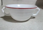 Hazel Atlas Moderntone Platonite Double Handled Soup Bowl With Red Stripe.