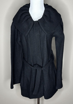 Kenar womens belted blazer with wide ruffle collar black size M snap closure.