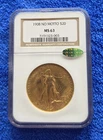 1908 Gold St. Gaudens Double Eagle $20, No Motto, NGC/CAC MS 63