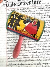 Vintage TC Noise Maker Tin Litho Barrel Shape New Years Eve Clowns Wood Handle