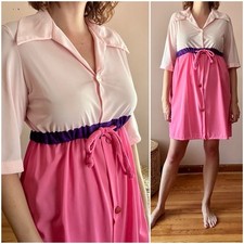 Vintage 70s Pink Colorblock House Dress Robe Hippie Boho Casual Lounge S M