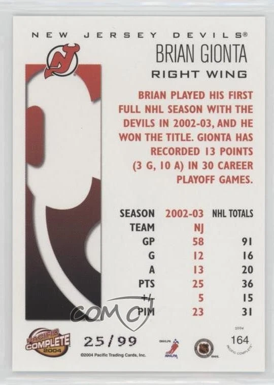 2003-04 Pacific Complete Red /99 Brian Gionta #164 - Image 2 of 2