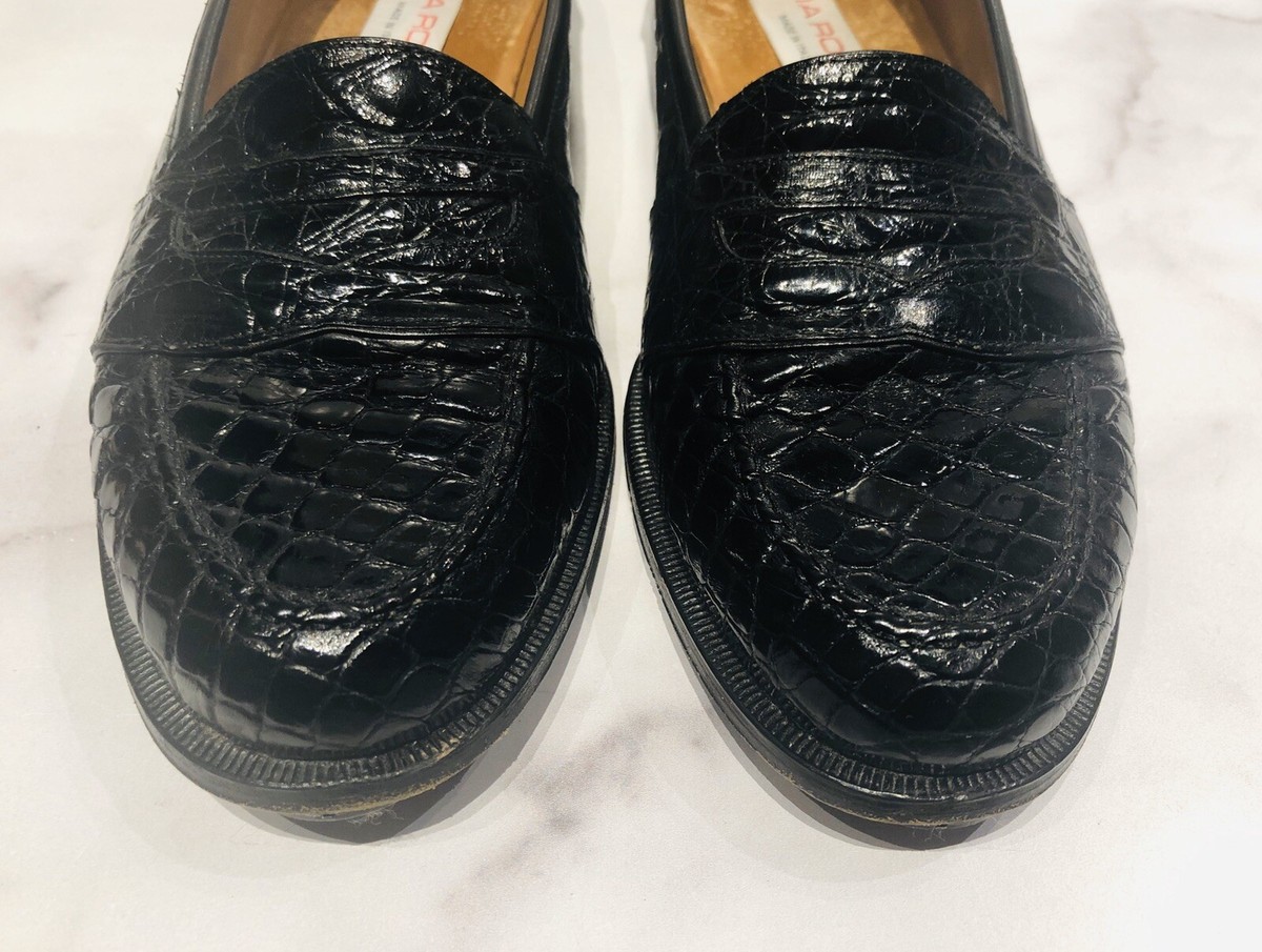 靴 Vintage 70s Italy Made Leather Loafers Via Roma Italy Black Crocodile Men's Penny Loafers Shoes | eBay