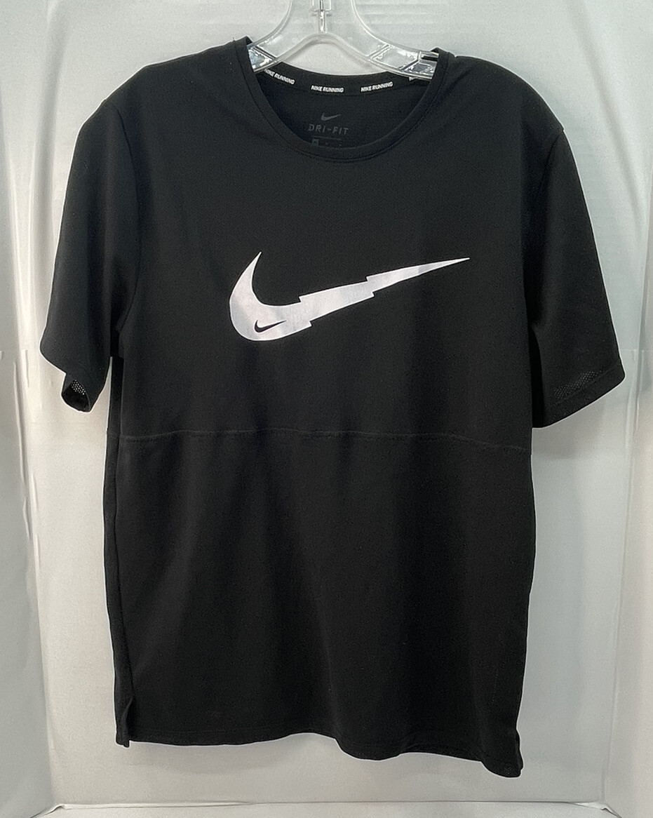 Nike Dri Fit Breathe Running T Shirt Mesh Black Sz Medium M