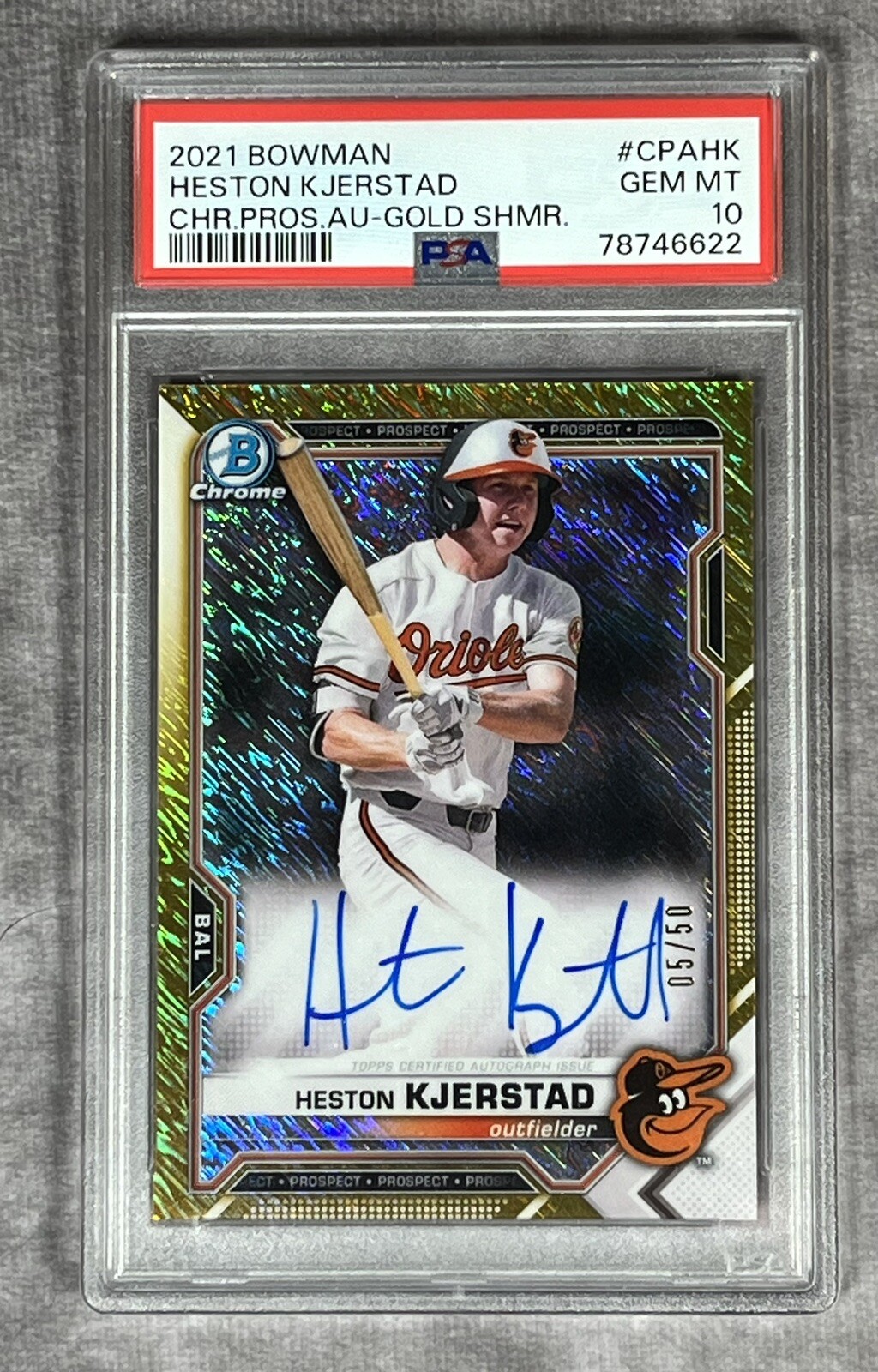 Heston Kjerstad 2021 Bowman Chrome Prospect Auto Gold Shimmer 5/50 PSA 10